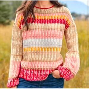 Sundance Womens Cara Beach Sweater Geometric Stripes Pink Tan M Linen Cotton